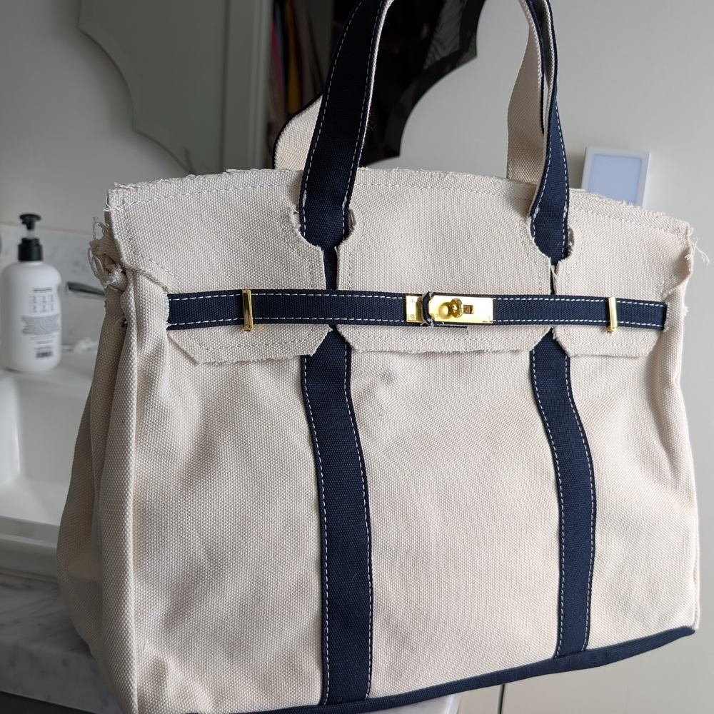 Chic Canvas Tote Bag with Navy Trim